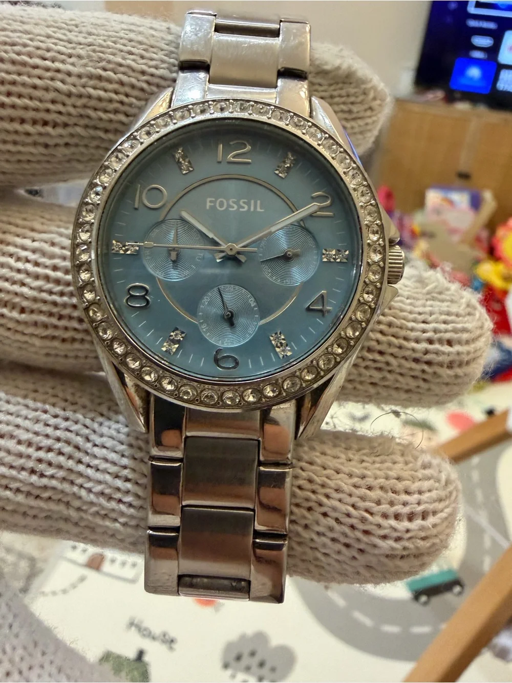 Fossil Riley ES3529 Silver Stainless Steel Light Blue Dial Crystal Unisex Watch